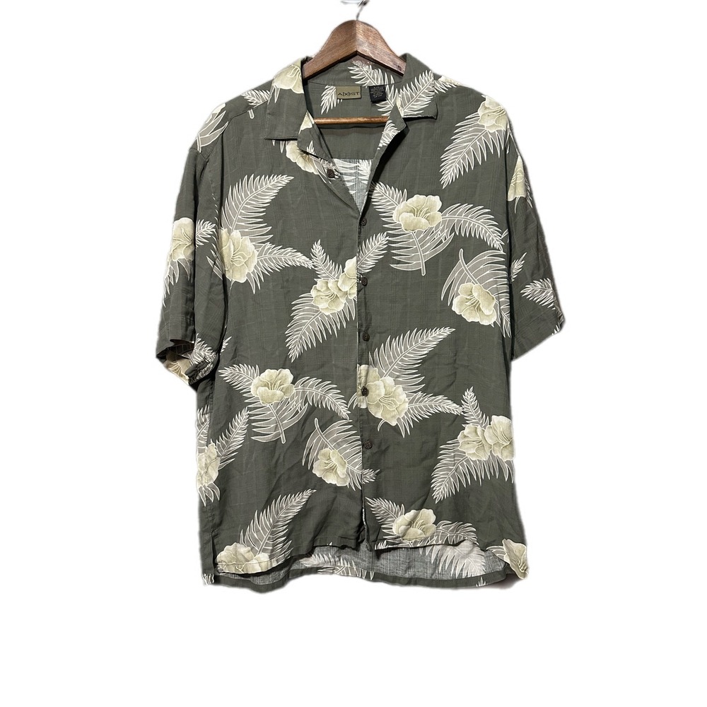 Axist Button‎ Down Shirt Mens Large Green Excellent 100% Silk Tropical Hibiscus